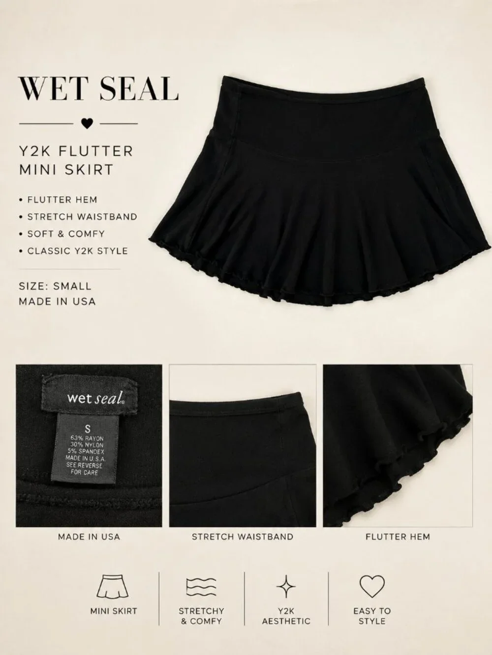 WET SEAL Y2K Black Flutter Mini Skirt - Stretch Rayon MADE IN USA) | Size Small